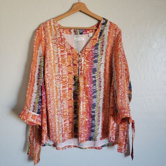 Coldwater Creek 100% Silk V-Neck Tie Sleeve Top Women's 2X Brushstroke Artsy NEW - Picture 1 of 12